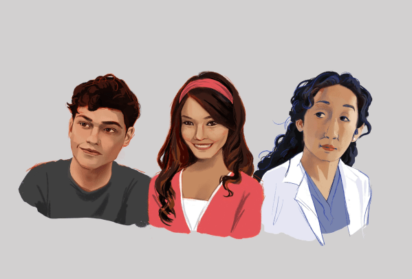 Three characters from film/TV are displayed: Peter Kavinsky, Gabriella Montez, and Cristina Yang